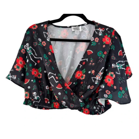 Unique Vintage Black Tropical Skeleton Daryl Crop Top Flutter Sleeves Sz L #51 - Picture 3 of 3